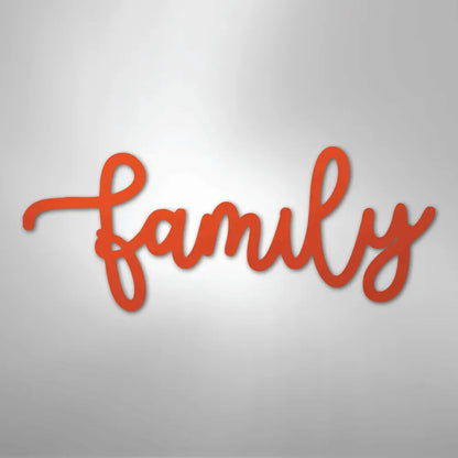 Red script "family" metal wall art, powder-coated American steel, elegant cursive design.