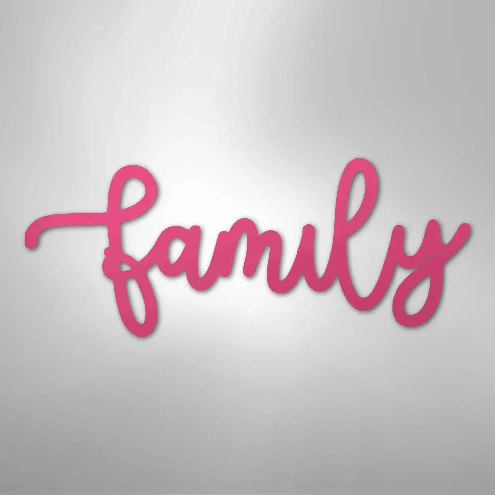 Pink script "Family" metal wall art, durable powder-coated steel, elegant cursive design.