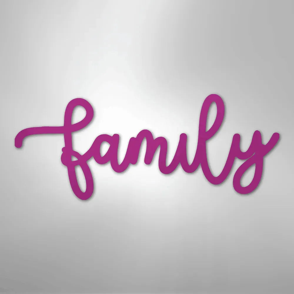 Pink metal "Family" script wall art in a flowing, handwritten style.