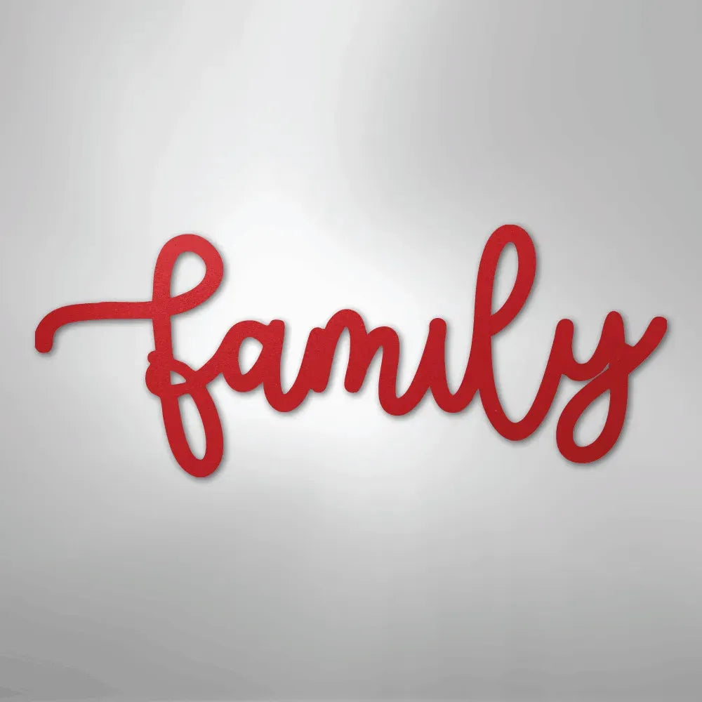 Red "family" script metal wall art, powder-coated American steel, elegant cursive design.