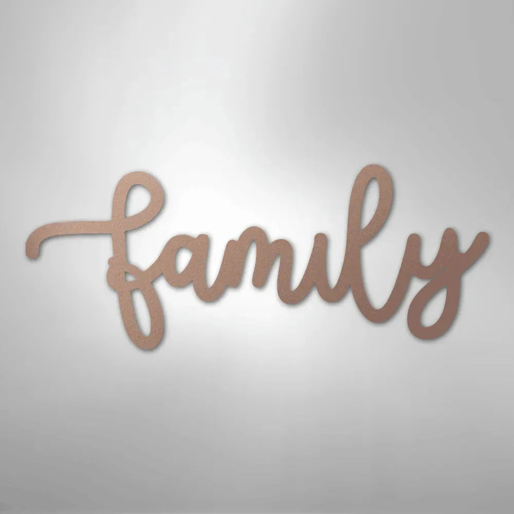 Copper "Family" script metal wall art, powder-coated, in a flowing cursive font.