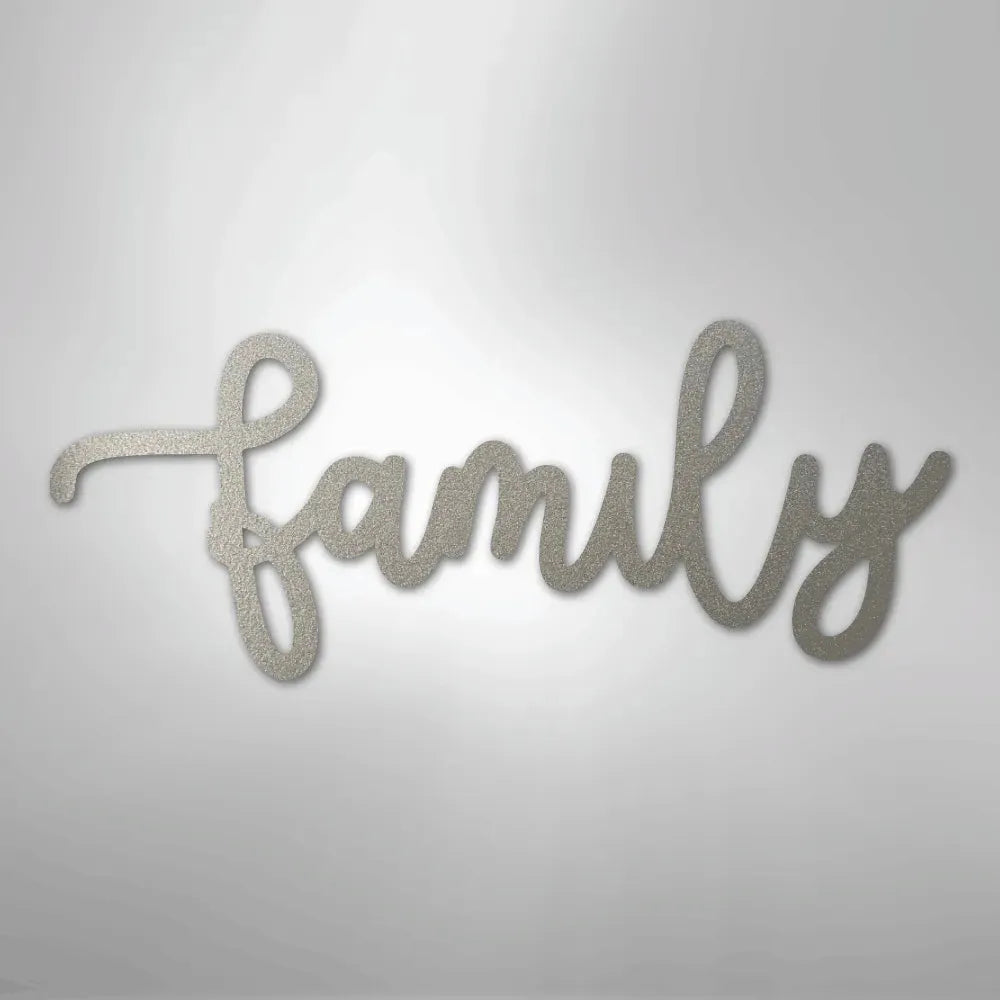 Silver script "family" metal wall art, durable powder-coated American steel decor.
