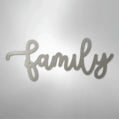 Silver script "family" metal wall art, durable powder-coated American steel decor.