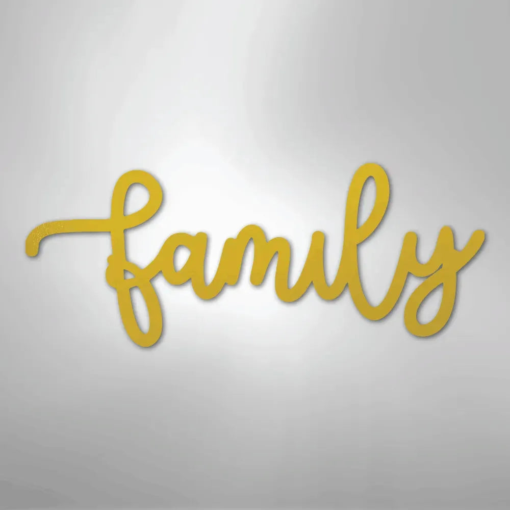Gold script "Family" metal wall art, elegant cursive design, durable American steel.