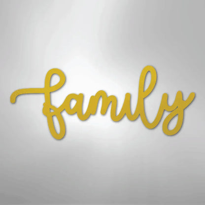Gold script "Family" metal wall art, elegant cursive design, durable American steel.