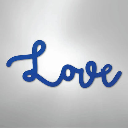 Blue script "Love" metal wall art, powder-coated American steel, suitable for indoor/outdoor decor.