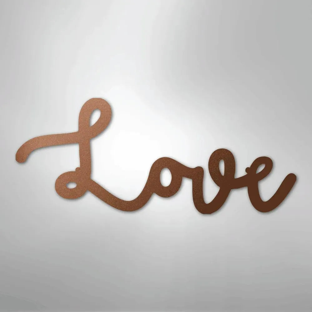 Bronze "Love" script metal wall art, powder-coated American steel, elegant cursive design.