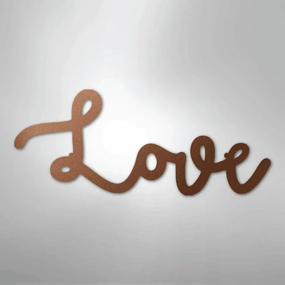 Bronze "Love" script metal wall art, powder-coated American steel, elegant cursive design.