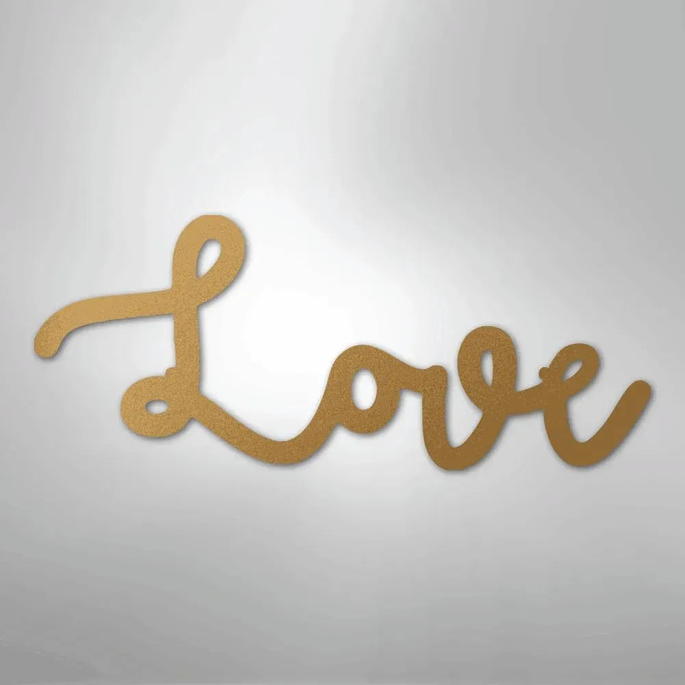 Gold script "Love" metal wall art, powder-coated American steel, elegant cursive design.