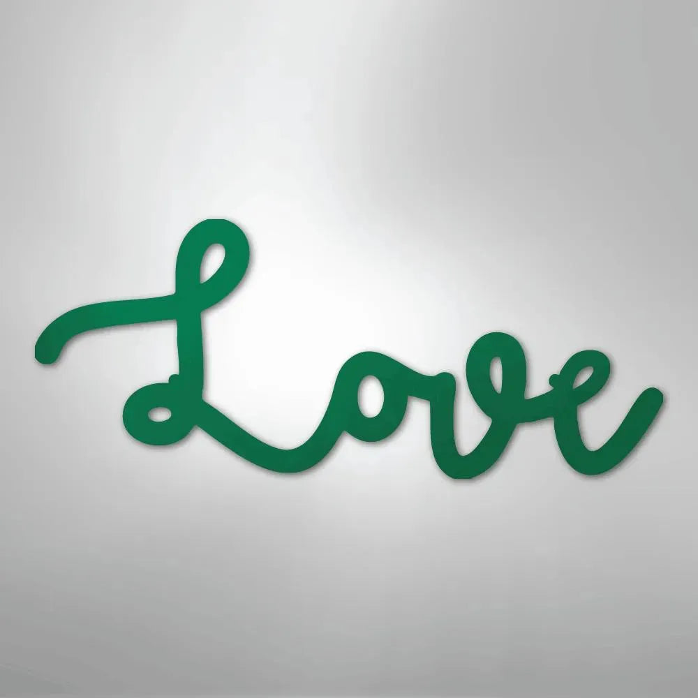 Green script "Love" metal wall art, powder-coated American steel, elegant cursive design.