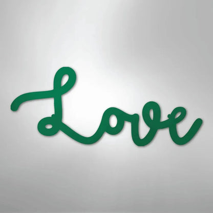 Green script "Love" metal wall art, powder-coated American steel, elegant cursive design.