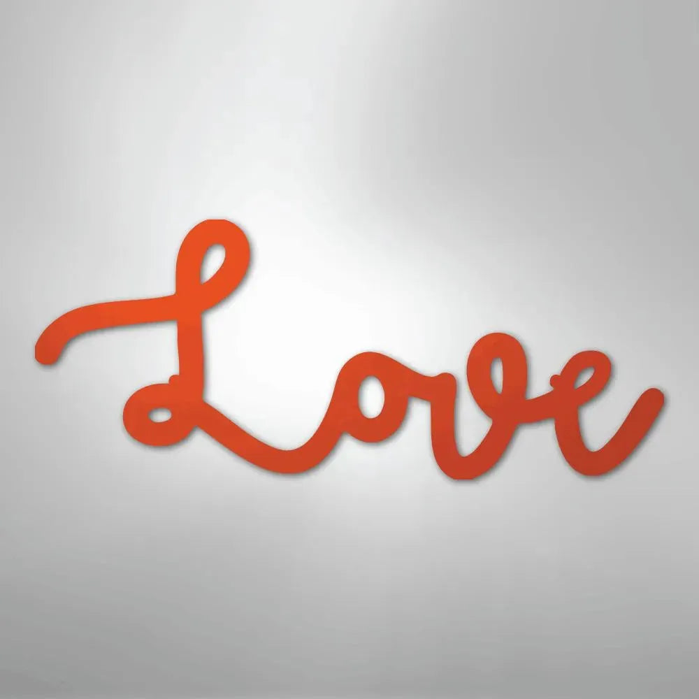 Orange script "Love" metal wall art, powder-coated steel, suitable for indoor or outdoor decor.
