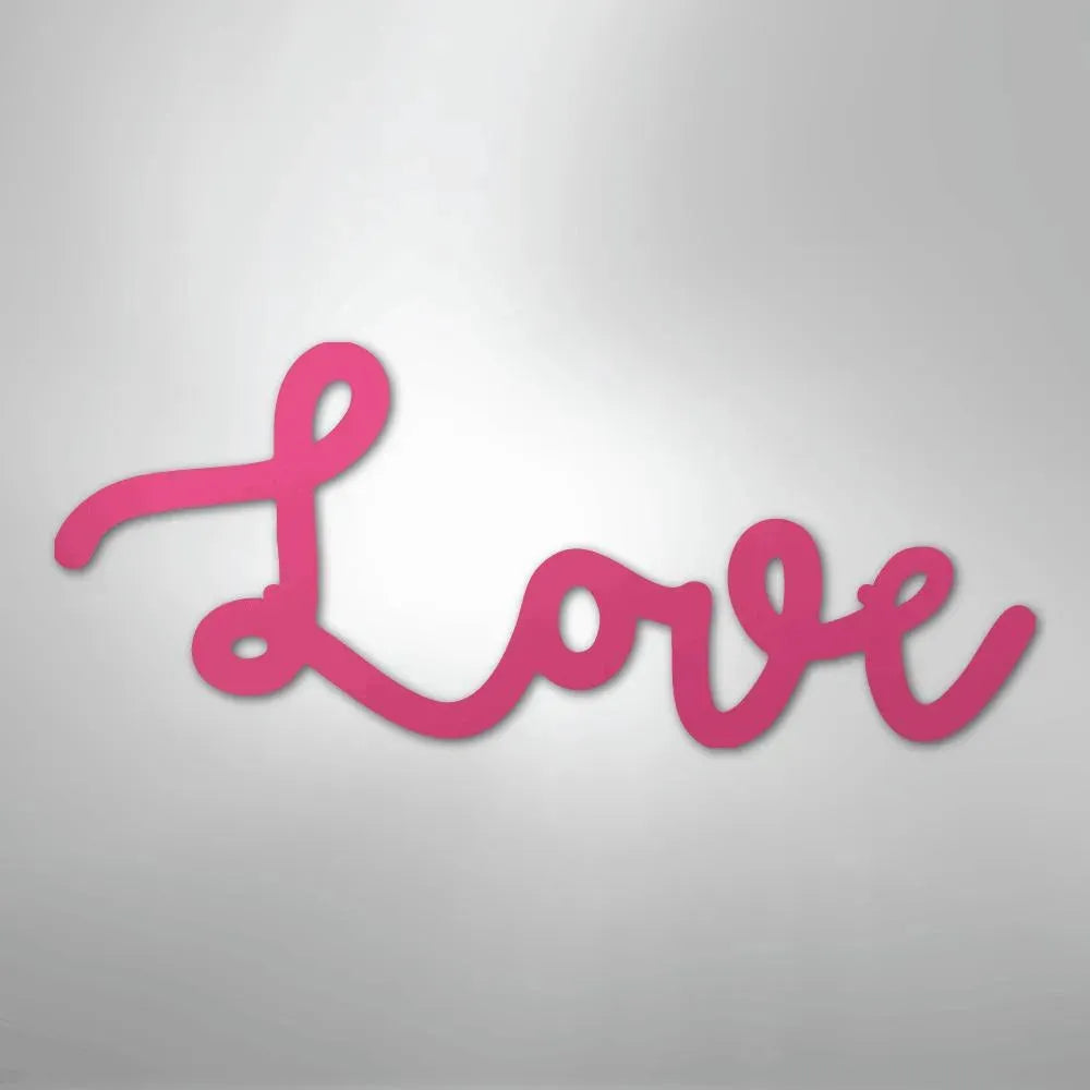 Pink script "Love" metal wall art, powder-coated American steel, suitable for indoor or outdoor decor.
