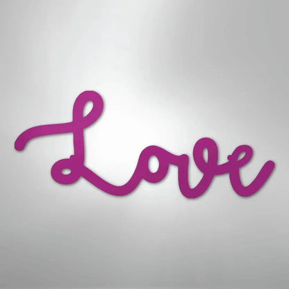 Pink script "Love" metal wall art, powder-coated American steel, elegant cursive design.