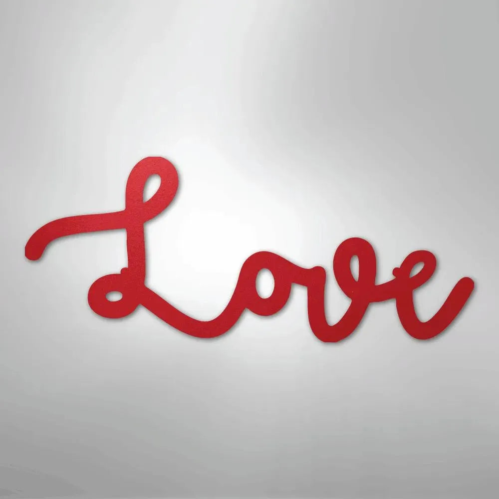 Red script "Love" metal wall art, powder-coated American steel, elegant cursive design.