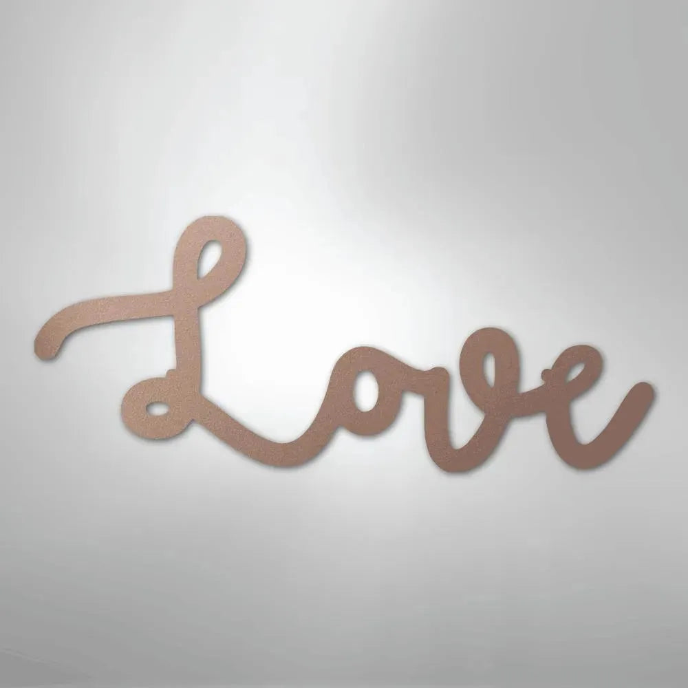 Rose gold script "Love" metal wall art, powder-coated American steel, elegant cursive design.