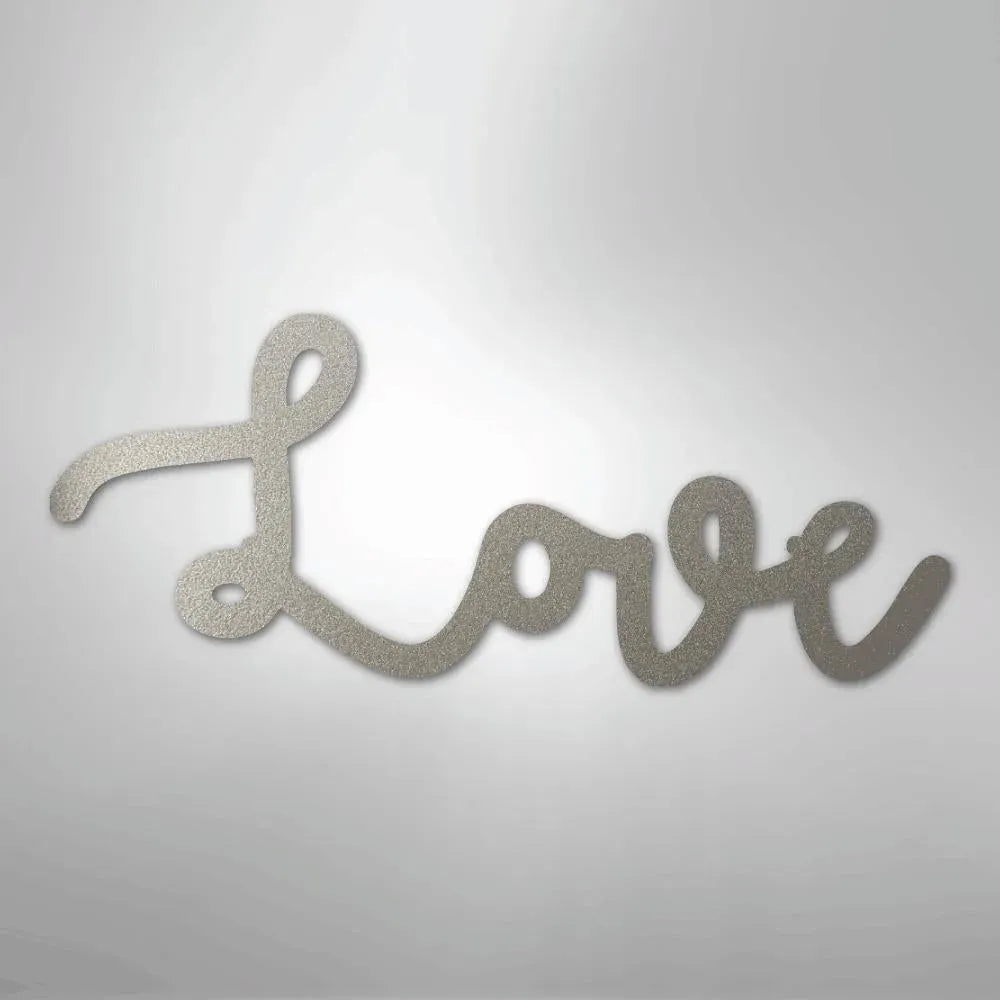 Silver "Love" script metal wall art, powder-coated American steel, elegant cursive design.