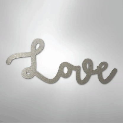 Silver "Love" script metal wall art, powder-coated American steel, elegant cursive design.