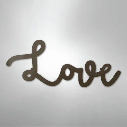 Brown script "Love" metal wall art, powder-coated American steel, elegant cursive design.