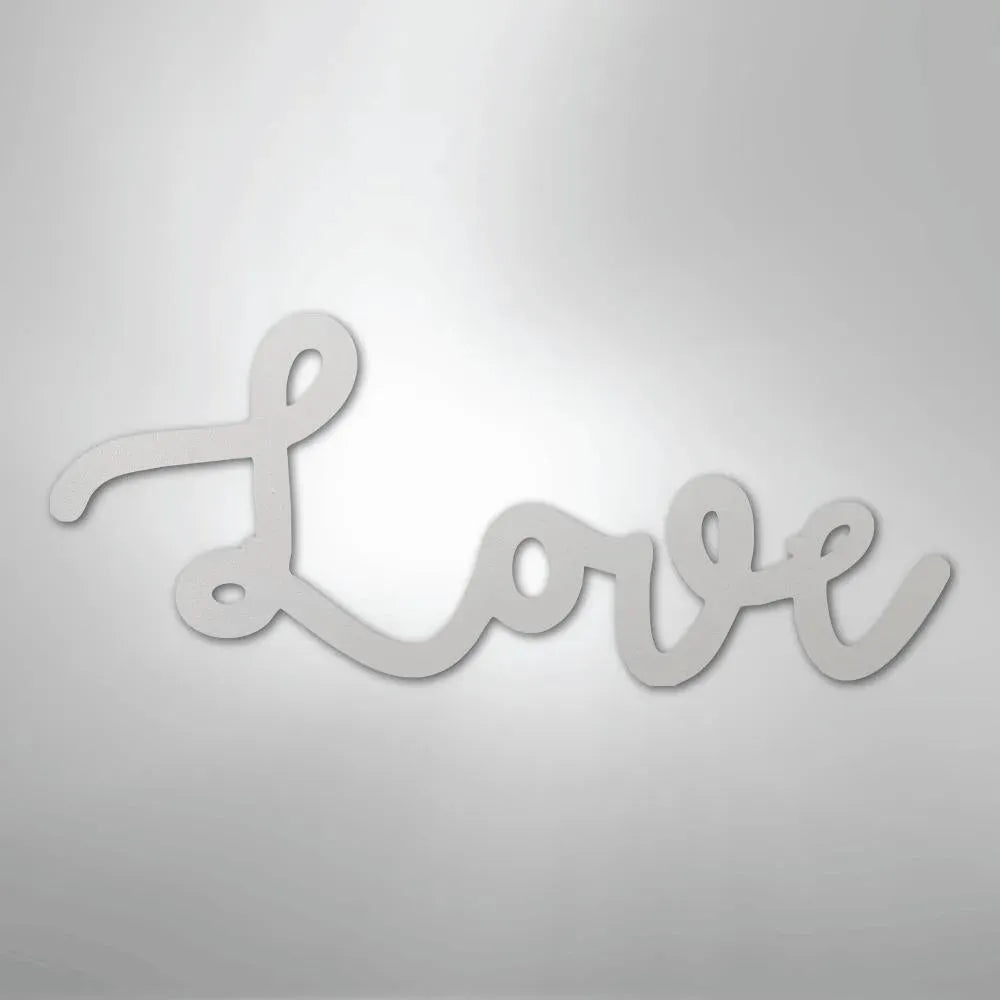 White script "Love" metal wall art, powder-coated American steel, elegant cursive design.