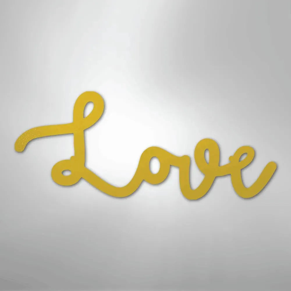 Yellow "Love" script metal wall art, powder-coated, for indoor or outdoor decor.