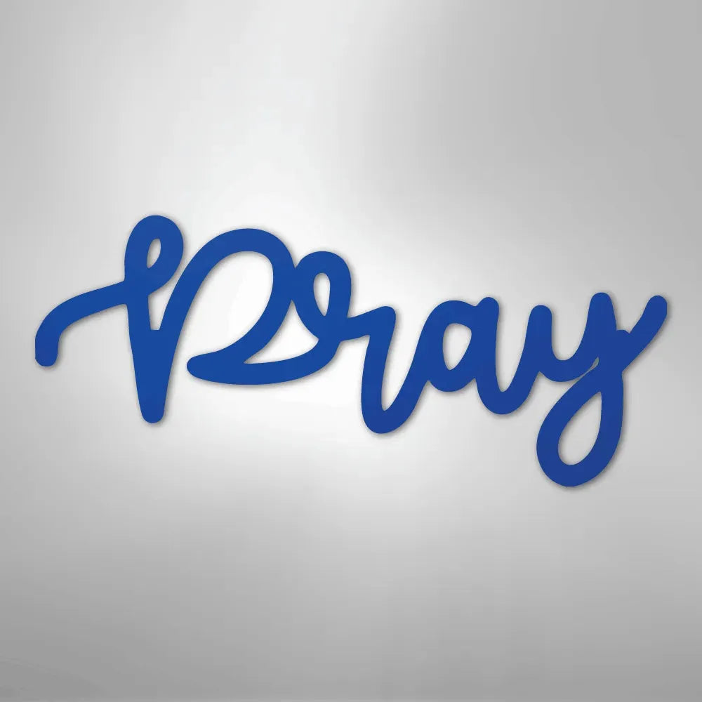 Blue script metal wall art spelling "Pray" in a flowing, elegant font.