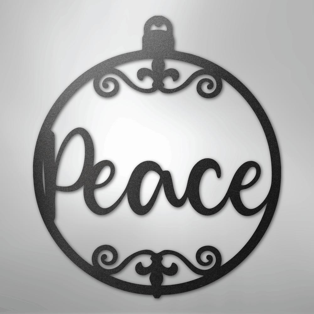Black powder-coated steel Christmas ornament wall art with "Peace" in script and decorative scrolls.