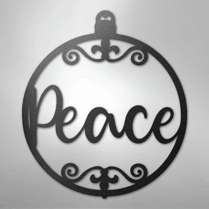 Black powder-coated steel Christmas ornament wall art with "Peace" in script and decorative scrolls.