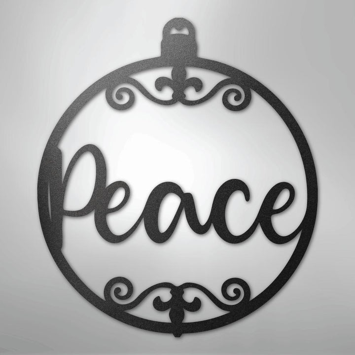 Black powder-coated steel Christmas ornament wall art with "Peace" in script and decorative scrolls.