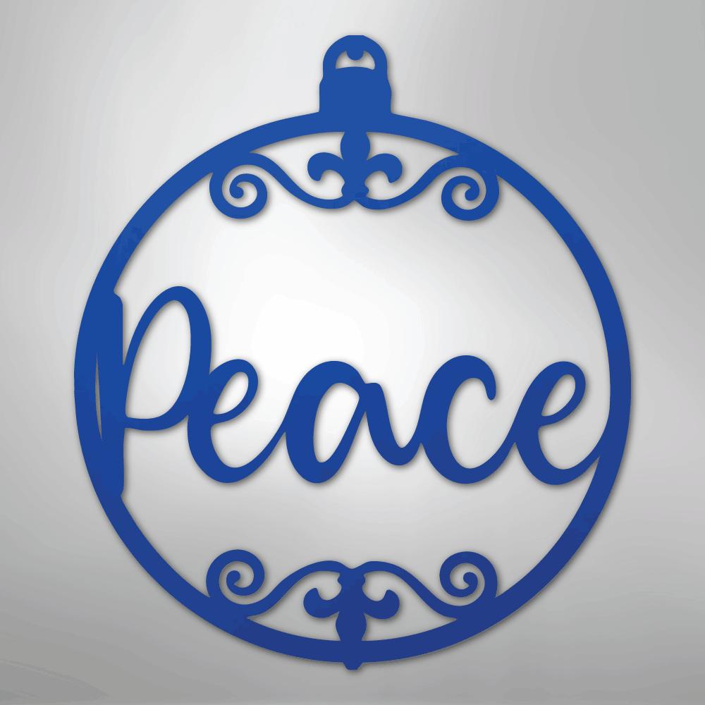 Blue metal Christmas ornament wall art with "Peace" in script and decorative flourishes.