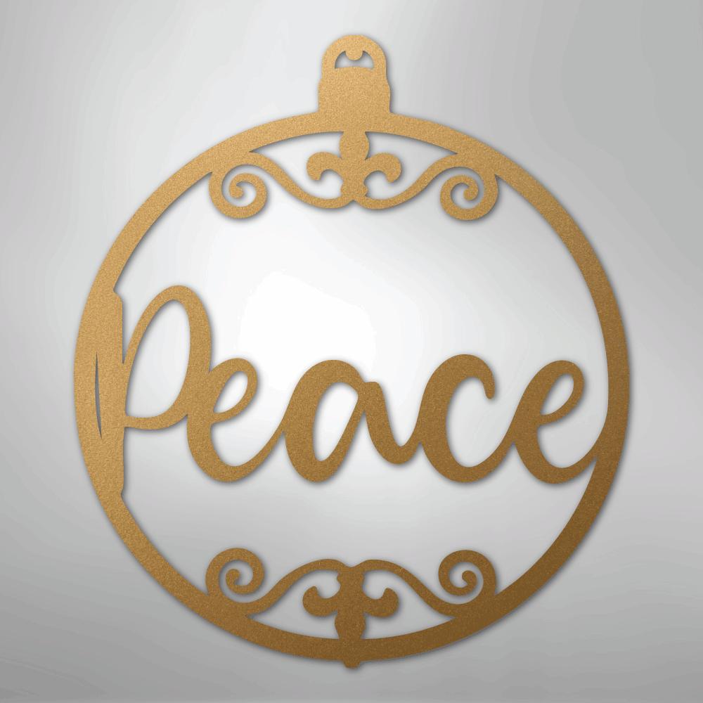 Gold metal Christmas ornament wall art with "Peace" in script and decorative flourishes.