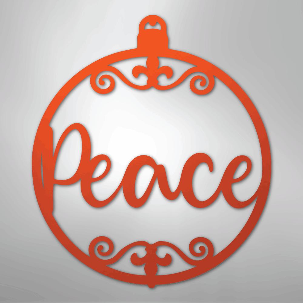 Red metal Christmas ornament wall art with "Peace" in script and decorative swirls.
