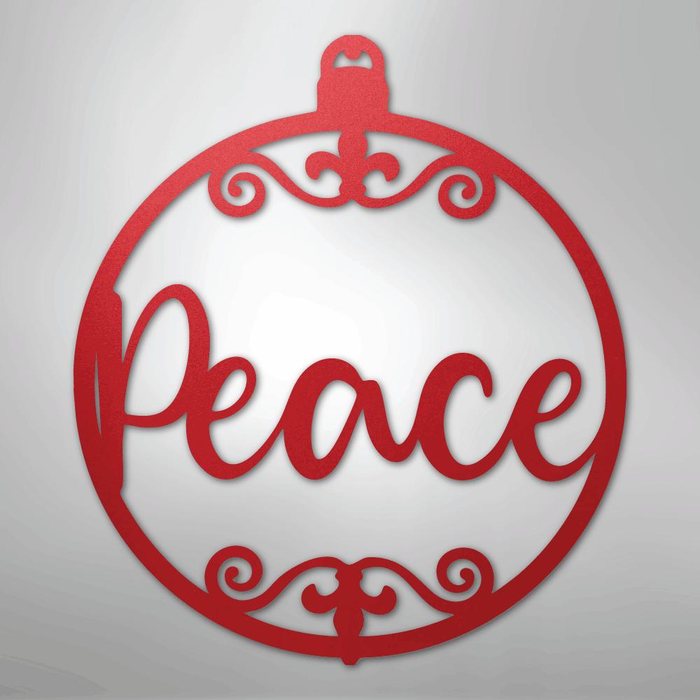 Red metal Christmas ornament wall art with "Peace" in script and decorative swirls.