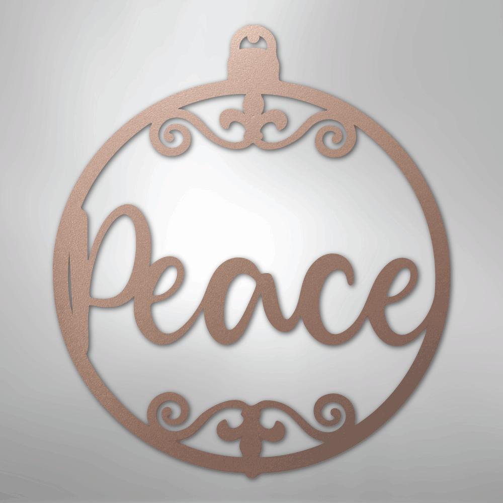 Rose gold metal Christmas ornament wall art with "Peace" in script and decorative flourishes.
