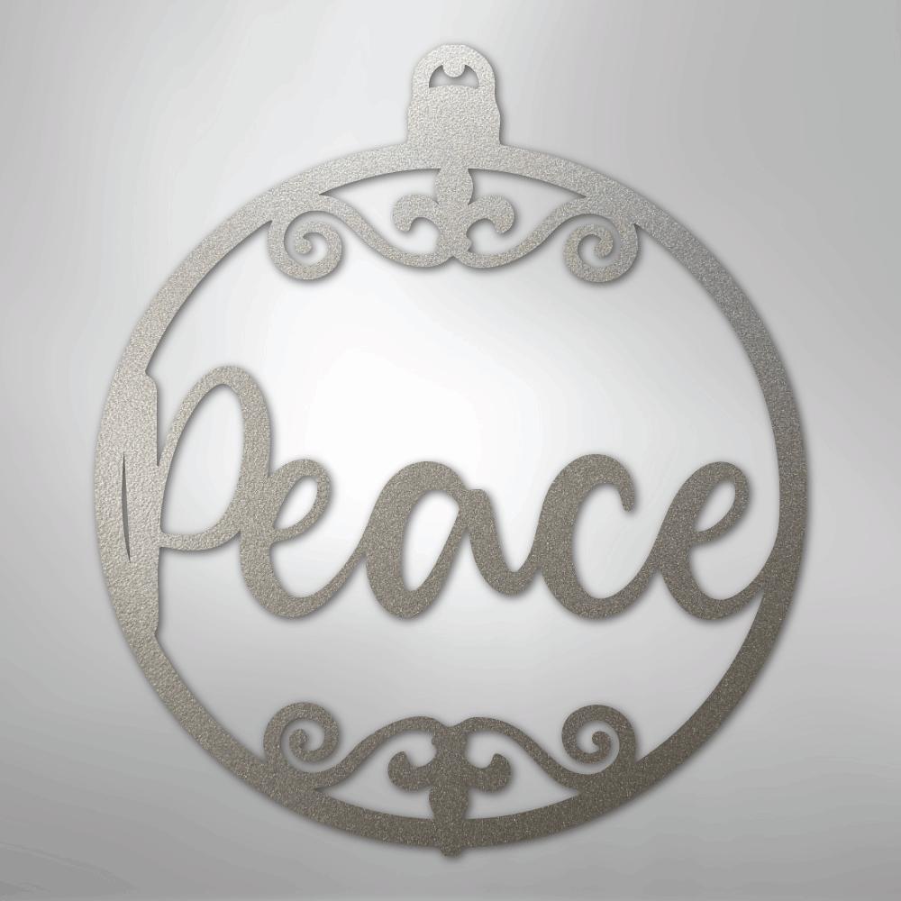 Silver powder-coated steel "Peace" ornament metal wall art with decorative scrollwork.