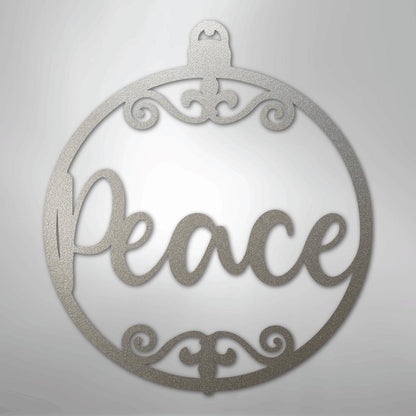 Silver powder-coated steel "Peace" ornament metal wall art with decorative scrollwork.