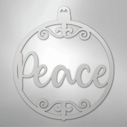 White metal Christmas ornament wall art with "Peace" in script and decorative swirls.