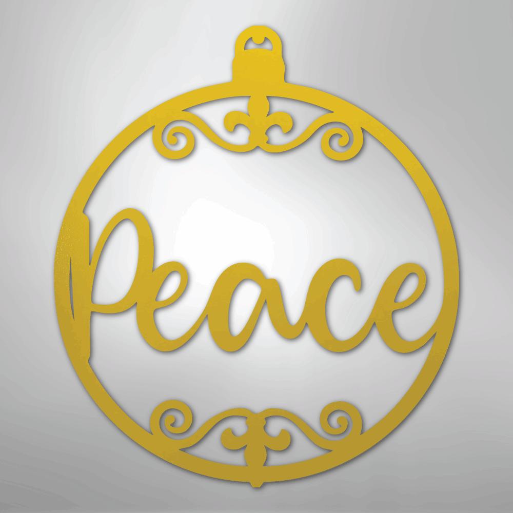 Gold metal Christmas ornament wall art with "Peace" in script and decorative flourishes.