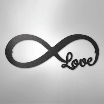 Black metal infinity symbol wall art with "Love" script integrated into the design.