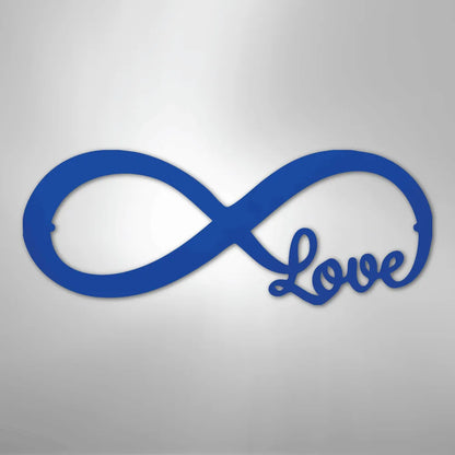 Blue metal infinity symbol wall art with "Love" script integrated into the design.