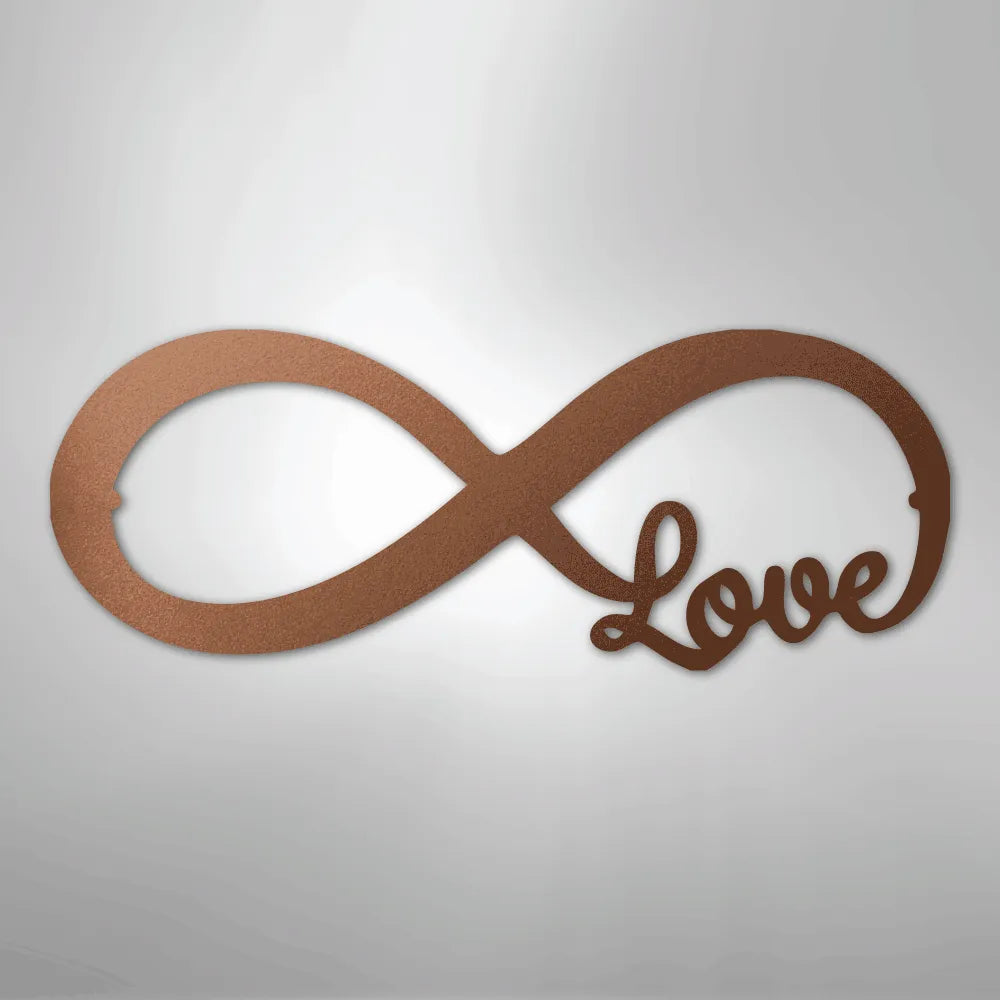 Copper Infinite Love metal wall art, featuring a cursive "Love" integrated into an infinity symbol.