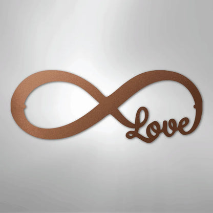 Copper Infinite Love metal wall art, featuring a cursive "Love" integrated into an infinity symbol.