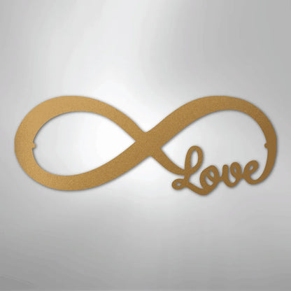 Gold metal infinity symbol wall art with "Love" script integrated into the design.