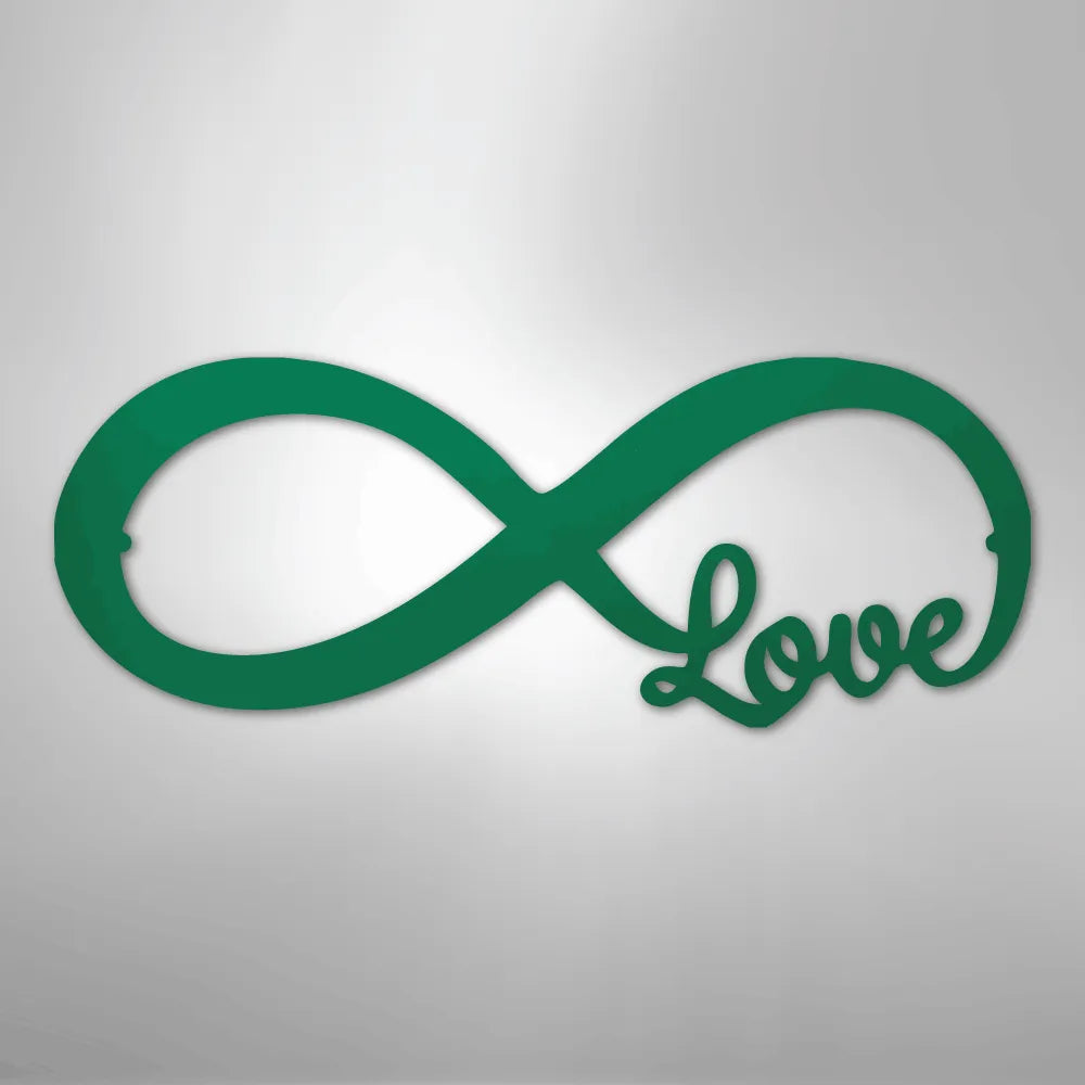 Green metal infinity symbol wall art with "Love" script integrated.