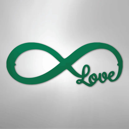 Green metal infinity symbol wall art with "Love" script integrated.