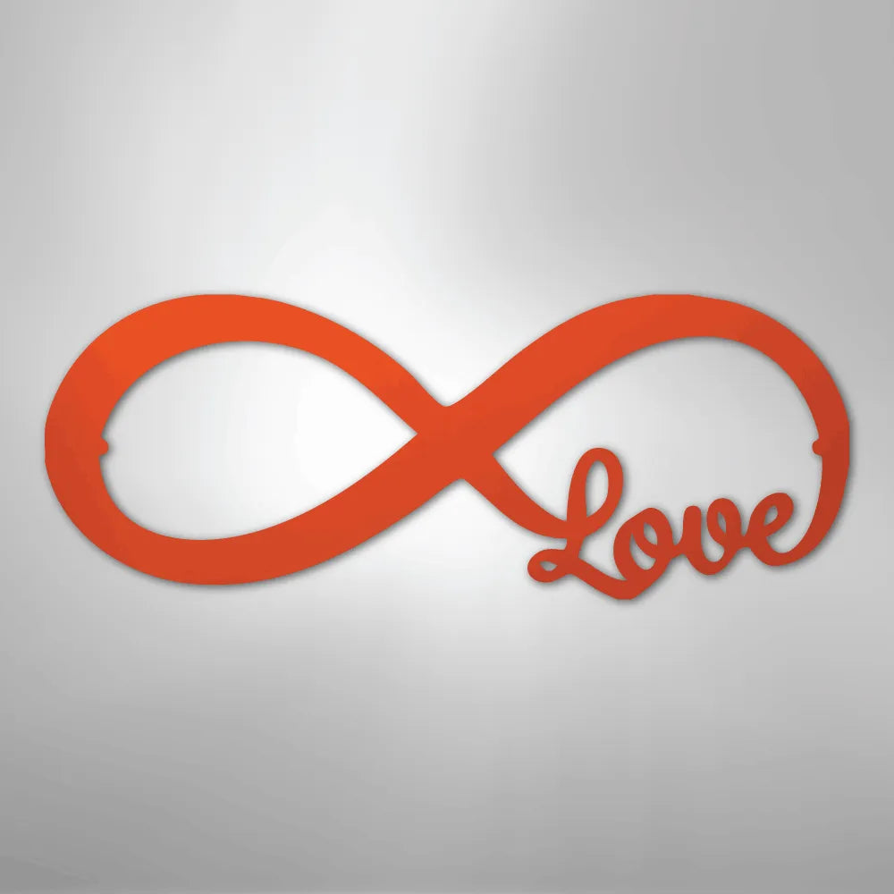 Red metal infinity symbol wall art with "Love" script integrated into the right side.