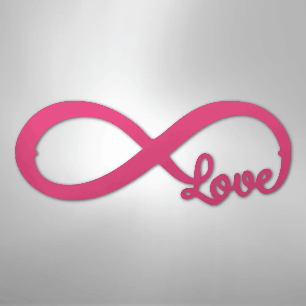 Pink metal infinity symbol wall art with the word "Love" integrated into the design.