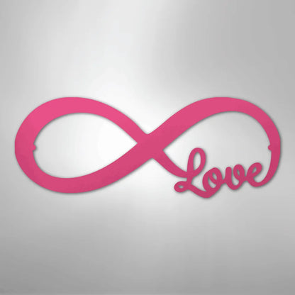 Pink metal infinity symbol wall art with the word "Love" integrated into the design.