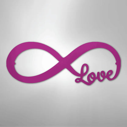 Purple metal infinity symbol wall art with "Love" script integrated into the right side.