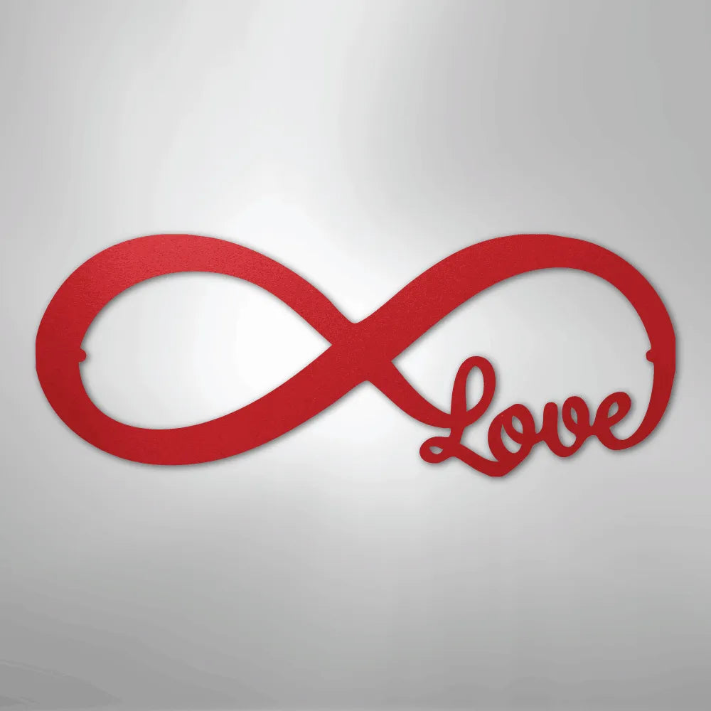 Red metal infinity symbol wall art with "Love" script integrated into the design.